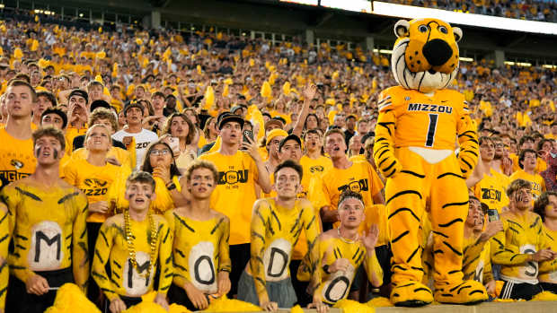 Sep 21, 2024; Columbia, Missouri, USA; The Missouri Tigers student section watches as Vanderbilt Commodores place kicker Brock Taylor (not pictured) misses a field goal to end the game during overtime at Faurot Field at Memorial Stadium. Mandatory Credit: Jay Biggerstaff-Imagn Images