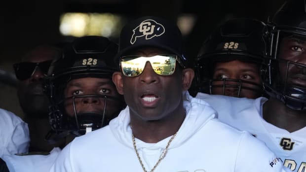 Oct 28, 2023; Pasadena, California, USA; Colorado Buffaloes head coach Deion Sanders enters the field before the game against the UCLA Bruins at Rose Bowl. UCLA defeated Colorado 28-16. Mandatory Credit: Kirby Lee-USA TODAY Sports