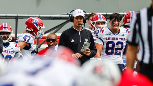 Sep 14, 2024; Raleigh, North Carolina, USA; Louisiana Tech Bulldogs head coach Sonny Cumbie looks on during the second half of the game against North Carolina State Wolfpack at Carter-Finley Stadium. Mandatory Credit: Jaylynn Nash-Imagn Images