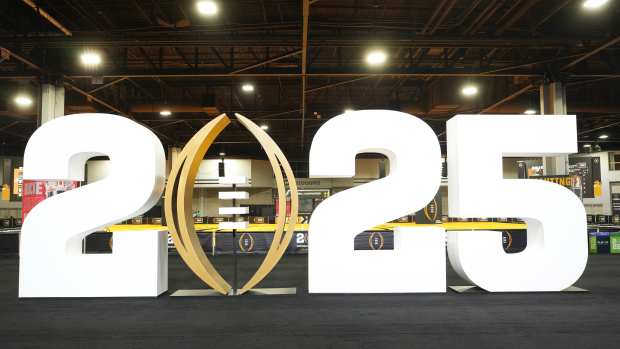 Jan 18, 2025; Atlanta, GA, USA; The 2025 College Football Playoff logo at Playoff Fan Central at the Georgia World Congress Center. Mandatory Credit: Kirby Lee-Imagn Image