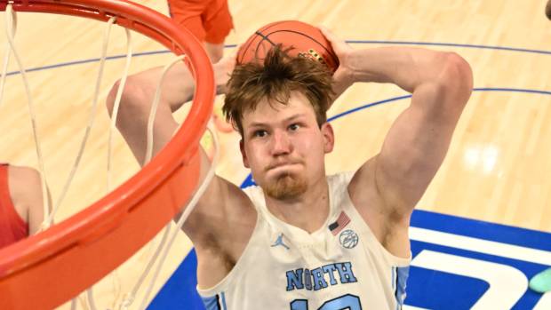 Mar 12, 2026; Charlotte, NC, USA; North Carolina Tar Heels center Henri Veesaar (13) shoots in the second half at Spectrum Center.