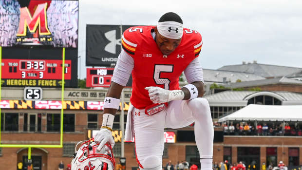 Sep 7, 2024; College Park, Maryland, USA; Maryland Terrapins wide receiver Octavian Smith Jr. (5) before the game against the Michigan State Spartans at SECU Stadium. Mandatory Credit: Tommy Gilligan-Imagn Images