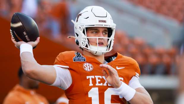Dec 21, 2024; Austin, Texas, USA; Texas Longhorns quarterback Arch Manning (16) against the Clemson Tigers during the CFP National playoff first round at Darrell K Royal-Texas Memorial Stadium. Mandatory Credit: Mark J. Rebilas-Imagn Images