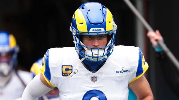 Nov 30, 2025; Charlotte, North Carolina, USA; Los Angeles Rams quarterback Matthew Stafford (9) takes the field before the game against the Carolina Panthers at Bank of America Stadium. Mandatory Credit: Scott Kinser-Imagn Images