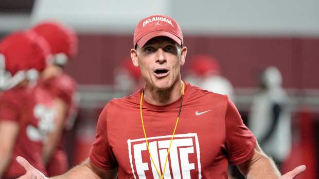 Head coach Brent Venables walks on the field during an Oklahoma (OU) football practice in Norman, Okla., on Wednesday, March 25, 2026.