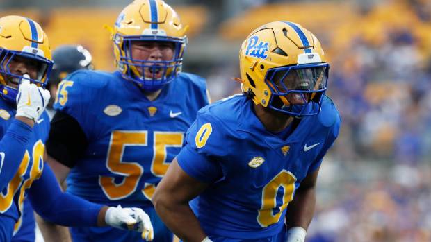 Oct 12, 2024; Pittsburgh, Pennsylvania, USA; Pittsburgh Panthers linebacker Braylan Lovelace (0) reacts after registering a sack against the California Golden Bears during the third quarter at Acrisure Stadium. Pittsburgh won 17-15. Mandatory Credit: Charles LeClaire-Imagn Images
