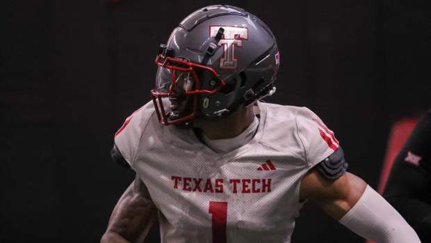 Texas Tech's Micah Hudson goes through a drill during spring football practice, Tuesday, March 24, 2026, at the Womble Football Center.