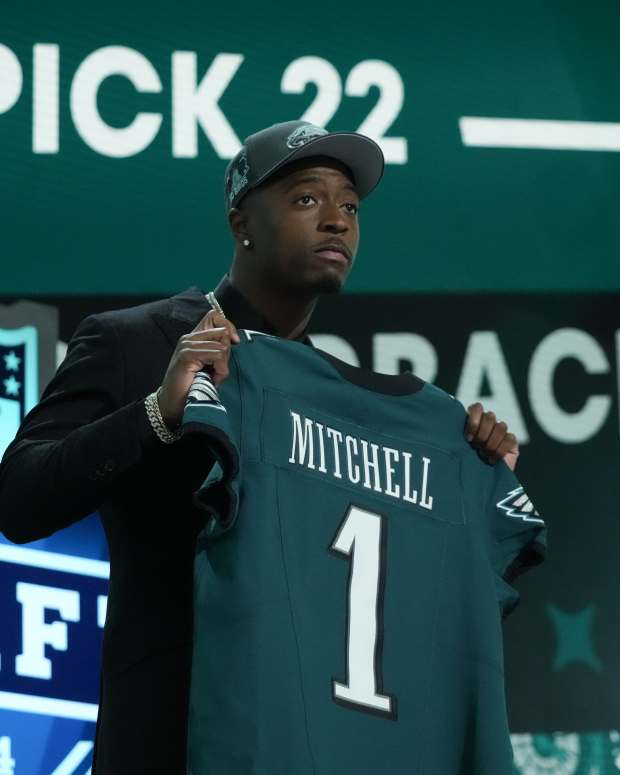 Apr 25, 2024; Detroit, MI, USA; Toledo Rockets cornerback Quinyon Mitchell poses after being selected by the Philadelphia Eagles as the No. 22 pick in the first round of the 2024 NFL Draft at Campus Martius Park and Hart Plaza. Mandatory Credit: Kirby Lee-USA TODAY Sports