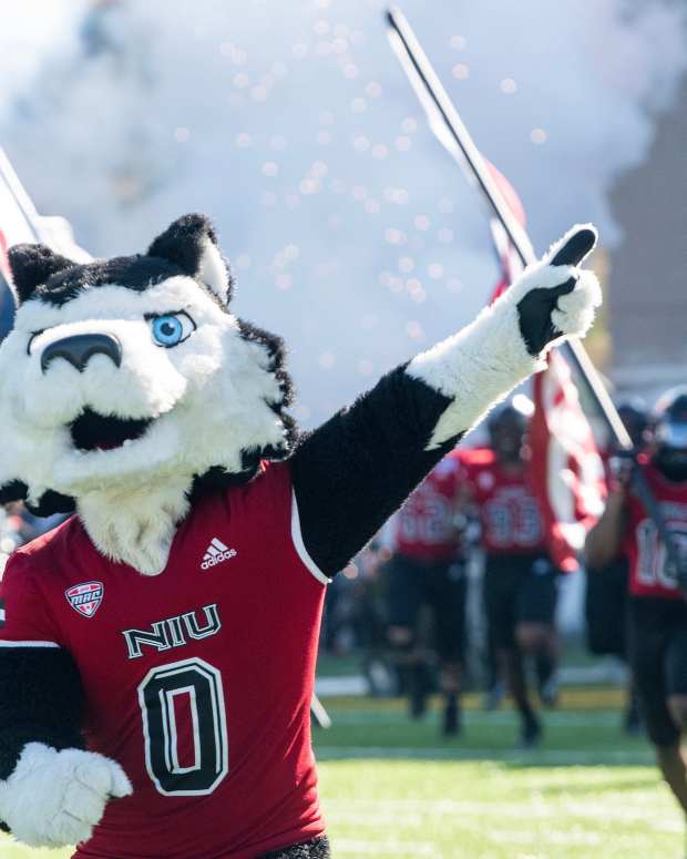 The Northern Illinois Huskies mascot takes the field with the team before the Camellia Bowl at Cramton Bowl in Montgomery, Ala., on Saturday December 23, 2023.