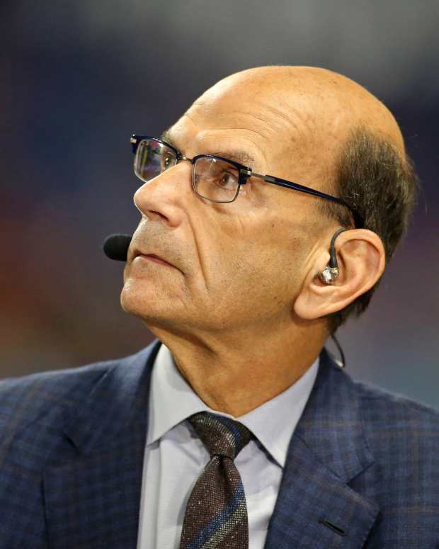 Dec 31, 2022; Atlanta, Georgia, USA; SEC network host Paul Finebaum looks on before the 2022 Peach Bowl between the Georgia Bulldogs and the Ohio State Buckeyes at Mercedes-Benz Stadium