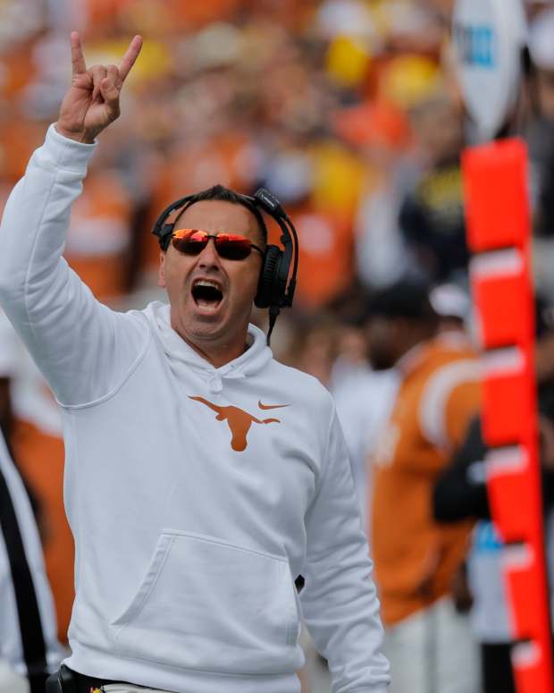 Sep 7, 2024; Ann Arbor, Michigan, USA; Texas Longhorns head coach Steve Sarkisian on the sideline in the second half against the Michigan Wolverines at Michigan Stadium. Mandatory Credit: Rick Osentoski-Imagn Images