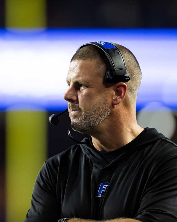 Sep 7, 2024; Gainesville, Florida, USA; Florida Gators head coach Billy Napier looks on against the Samford Bulldogs during the second half at Ben Hill Griffin Stadium. 