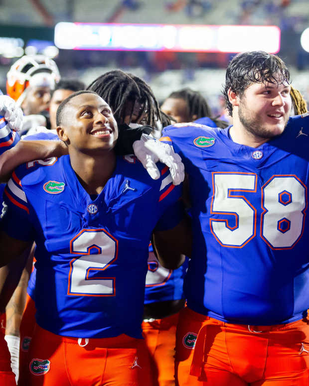 Florida Gators quarterback DJ Lagway (2) sings with teammates after defeating Samford at Ben Hill Griffin Stadium in Gainesville, FL on Saturday, September 7, 2024 against the Samford Bulldogs. The Florida Gators won 45-7 over the Bulldogs. [Doug Engle/Gainesville Sun]
