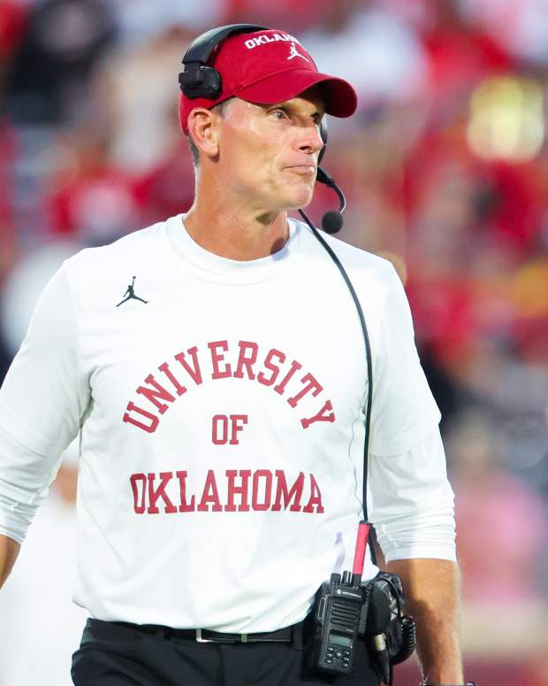 Sep 7, 2024; Norman, Oklahoma, USA; Oklahoma Sooners head coach Brent Venables reacts during the second half against the Houston Cougars at Gaylord Family-Oklahoma Memorial Stadium. Mandatory Credit: Kevin Jairaj-Imagn Images