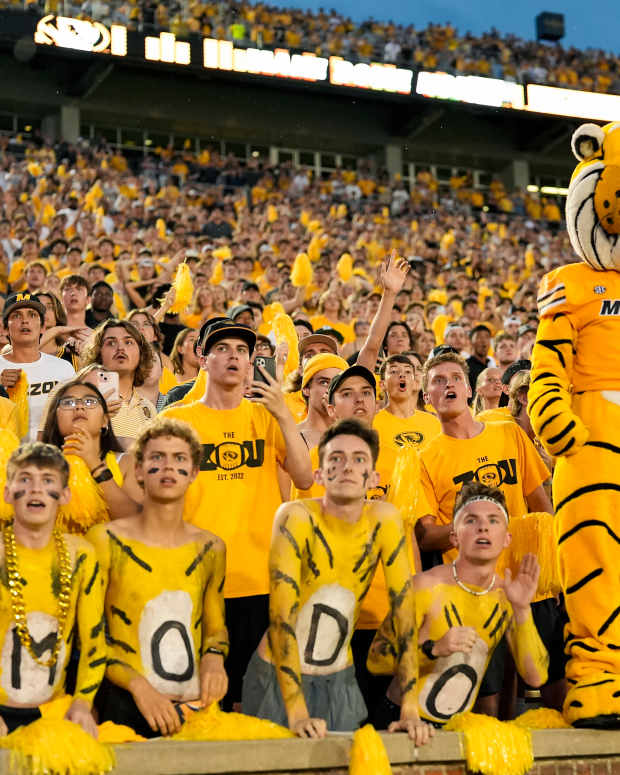 Sep 21, 2024; Columbia, Missouri, USA; The Missouri Tigers student section watches as Vanderbilt Commodores place kicker Brock Taylor (not pictured) misses a field goal to end the game during overtime at Faurot Field at Memorial Stadium. Mandatory Credit: Jay Biggerstaff-Imagn Images