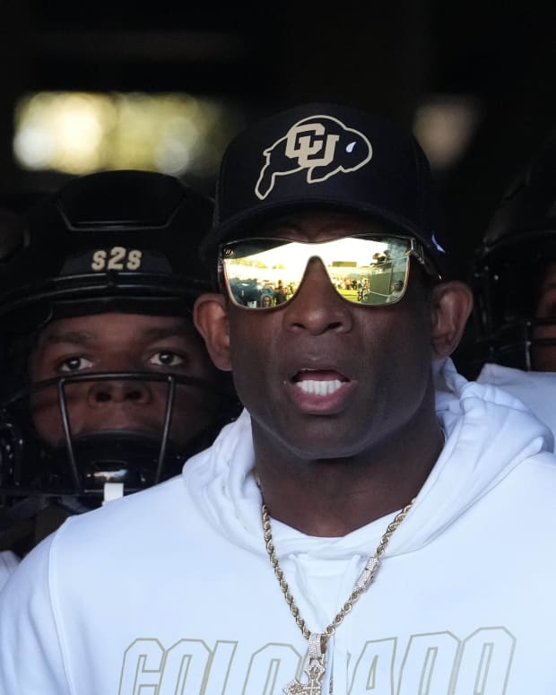 Oct 28, 2023; Pasadena, California, USA; Colorado Buffaloes head coach Deion Sanders enters the field before the game against the UCLA Bruins at Rose Bowl. UCLA defeated Colorado 28-16. Mandatory Credit: Kirby Lee-USA TODAY Sports