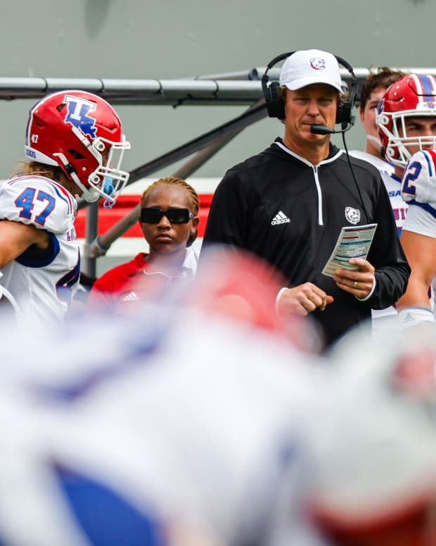 Sep 14, 2024; Raleigh, North Carolina, USA; Louisiana Tech Bulldogs head coach Sonny Cumbie looks on during the second half of the game against North Carolina State Wolfpack at Carter-Finley Stadium. Mandatory Credit: Jaylynn Nash-Imagn Images