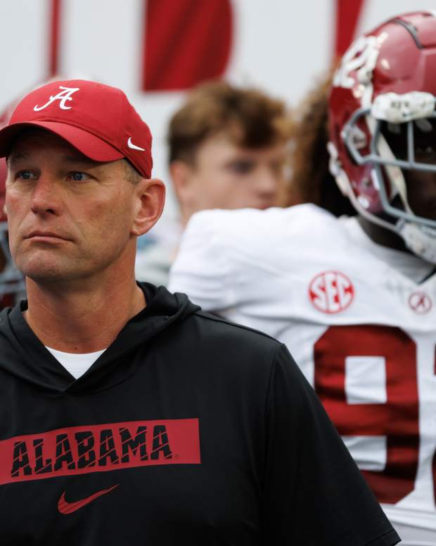 Dec 31, 2024; Tampa, FL, USA; Alabama Crimson Tide head coach Kalen DeBoer looks on before running onto the field before a game against the Michigan Wolverines at Raymond James Stadium. Mandatory Credit: Matt Pendleton-Imagn Images