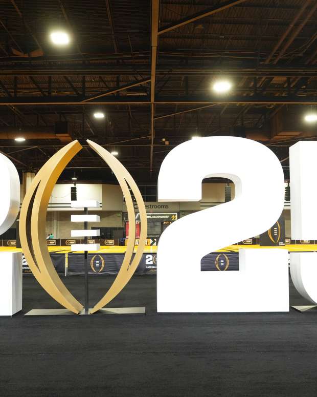 Jan 18, 2025; Atlanta, GA, USA; The 2025 College Football Playoff logo at Playoff Fan Central at the Georgia World Congress Center. Mandatory Credit: Kirby Lee-Imagn Image