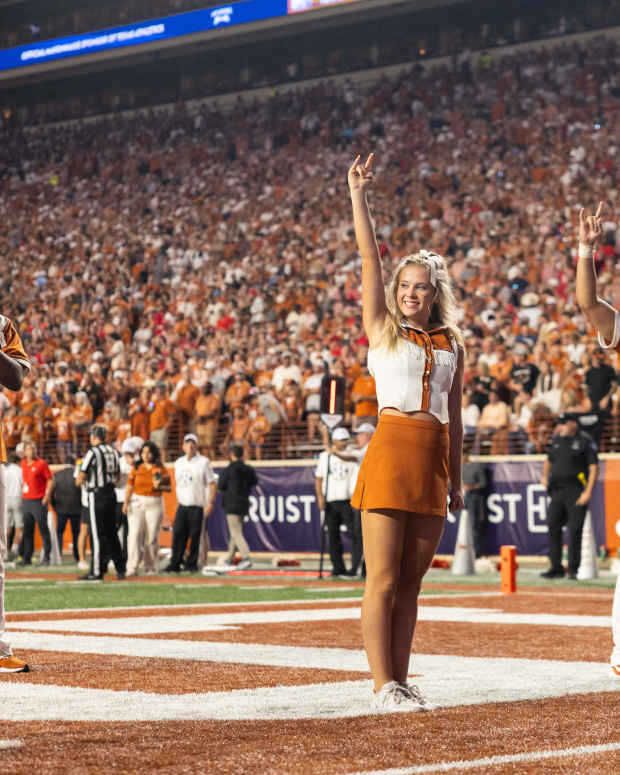 Oct 19, 2024; Austin, Texas, USA; Texas Longhorns cheerleaders in the third quarter against the Georgia Bulldogs at Darrell K Royal-Texas Memorial Stadium. Mandatory Credit: Brett Patzke-Imagn Images