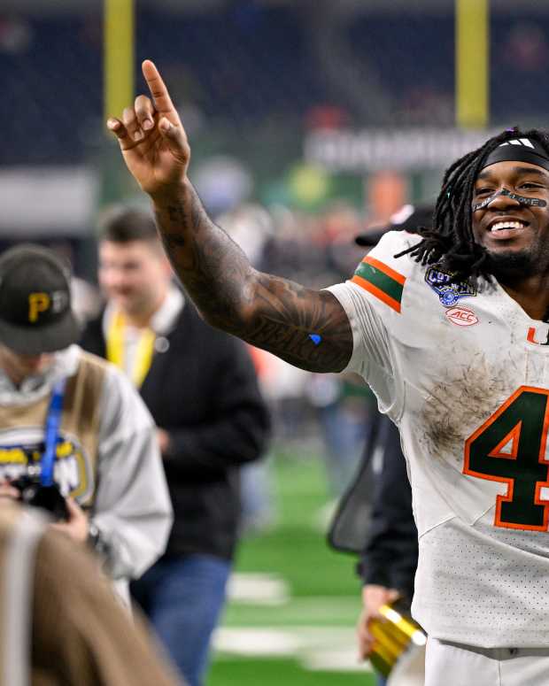 Dec 31, 2025; Arlington, TX, USA; Miami Hurricanes running back Mark Fletcher Jr. (4) walks off the field after the 2025 Cotton Bowl and quarterfinal game of the College Football Playoff at AT&T Stadium. Mandatory Credit: Jerome Miron-Imagn Images