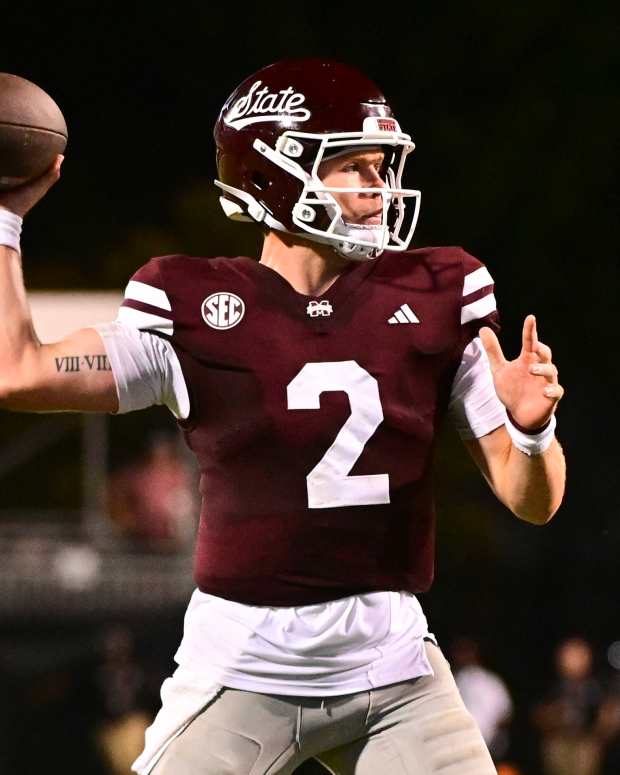 Sep 14, 2024; Starkville, Mississippi, USA; Mississippi State Bulldogs quarterback Blake Shapen (2) makes a pass against the Toledo Rockets during the fourth quarter at Davis Wade Stadium at Scott Field. Mandatory Credit: Matt Bush-Imagn Images