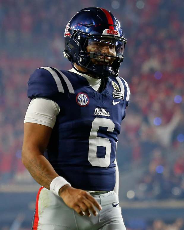 Dec 20, 2025; Oxford, MS, USA; Mississippi Rebels quarterback Trinidad Chambliss (6) reacts during the fourth quarter against the Tulane Green Wave at Vaught-Hemingway Stadium. Mandatory Credit: Petre Thomas-Imagn Images