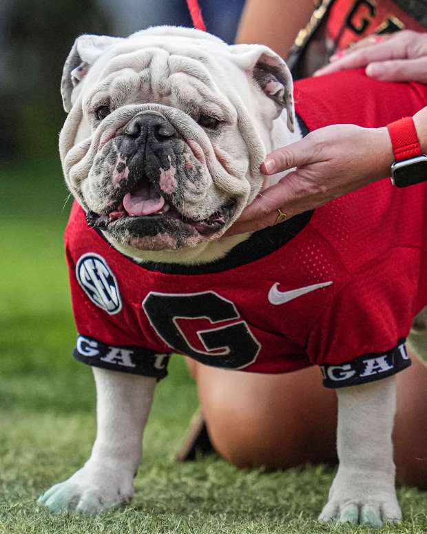 Oct 12, 2024; Athens, Georgia, USA; Georgia Bulldogs mascot UGA XI shown on the field during the game against the Mississippi State Bulldogs at Sanford Stadium. Mandatory Credit: Dale Zanine-Imagn Images