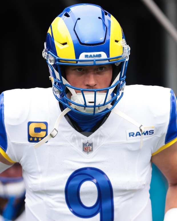 Nov 30, 2025; Charlotte, North Carolina, USA; Los Angeles Rams quarterback Matthew Stafford (9) takes the field before the game against the Carolina Panthers at Bank of America Stadium. Mandatory Credit: Scott Kinser-Imagn Images