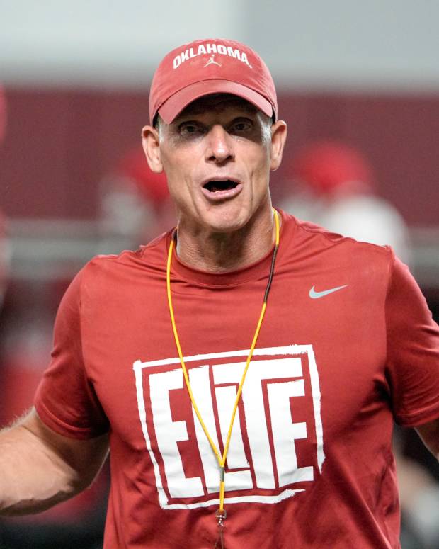 Head coach Brent Venables walks on the field during an Oklahoma (OU) football practice in Norman, Okla., on Wednesday, March 25, 2026.