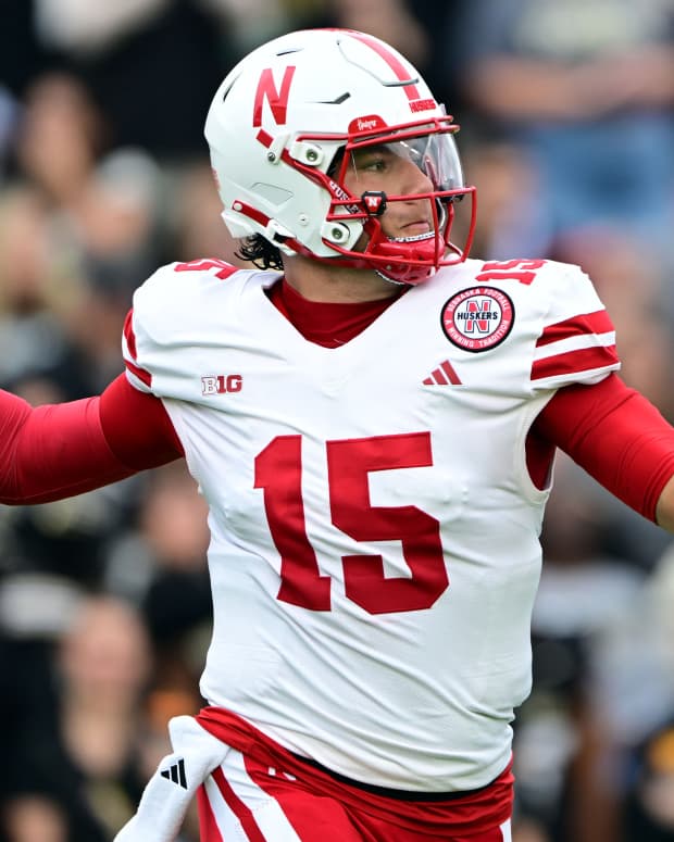 Sep 28, 2024; West Lafayette, Indiana, USA; Nebraska Cornhuskers quarterback Dylan Raiola (15) throws a pass against the Purdue Boilermakers during the first quarter at Ross-Ade Stadium.