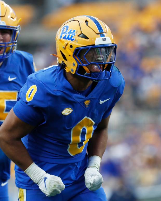 Oct 12, 2024; Pittsburgh, Pennsylvania, USA; Pittsburgh Panthers linebacker Braylan Lovelace (0) reacts after registering a sack against the California Golden Bears during the third quarter at Acrisure Stadium. Pittsburgh won 17-15. Mandatory Credit: Charles LeClaire-Imagn Images