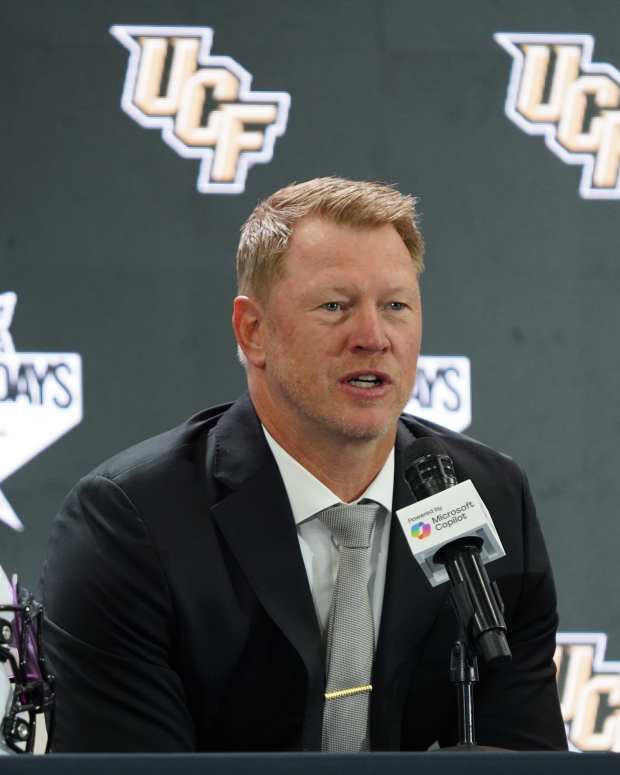 Jul 8, 2025; Frisco, TX, USA; UCF head coach Scott Frost addresses the media during 2025 Big 12 Football Media Days at The Star. Mandatory Credit: Raymond Carlin III-Imagn Images © Raymond Carlin III-Imagn Images