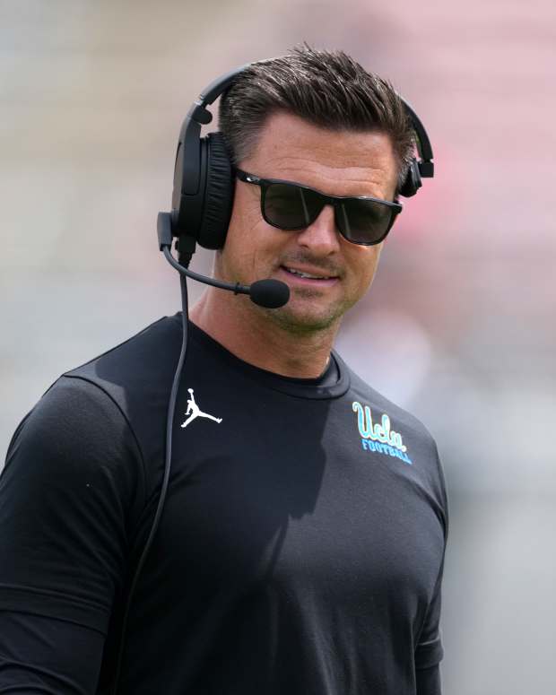 May 2, 2026; Pasadena, CA, USA; UCLA Bruins coach Bob Chesney reacts during the spring game at Rose Bowl. Mandatory Credit: Kirby Lee-Imagn Images