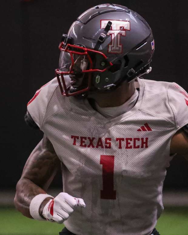Texas Tech's Micah Hudson goes through a drill during spring football practice, Tuesday, March 24, 2026, at the Womble Football Center.