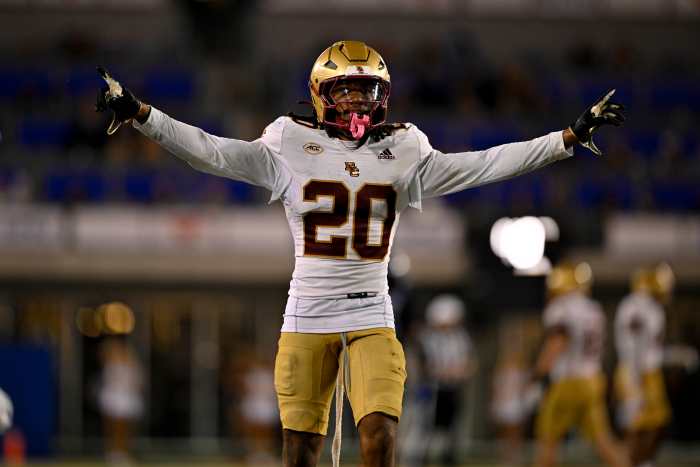 Nov 16, 2024; Dallas, Texas, USA; Boston College Eagles defensive back KP Price (20) in action during the game between the SMU Mustangs and the Boston College Eagles at Gerald J. Ford Stadium. Mandatory Credit: Jerome Miron-Imagn Images