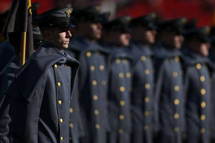 Dec 14, 2024; Landover, Maryland, USA; Army Black Knights cadets stand in formation before the playing of the 125 Army Navy game at Commanders Field. Mandatory Credit: Tommy Gilligan-Imagn Images