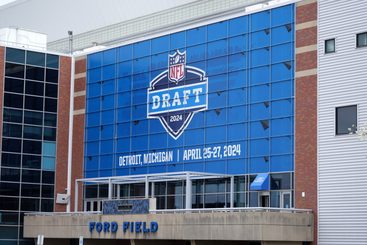 Apr 24, 2024; Detroit, MI, USA; The 2024 NFL Draft logo on the Ford Field facade. The stadium is the home of the Detroit Lions. Mandatory Credit: Kirby Lee-USA TODAY Sports