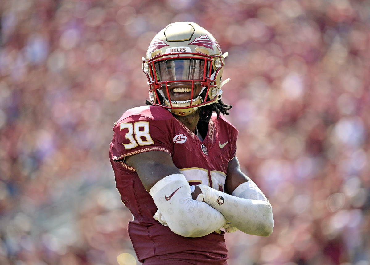 Oct 14, 2023; Tallahassee, Florida, USA; Florida State Seminoles defensive back Shyheim Brown (38) smiles after a defensive stop against the Syracuse Orange during the first half at Doak S. Campbell Stadium. Mandatory Credit: Melina Myers-USA TODAY Sports