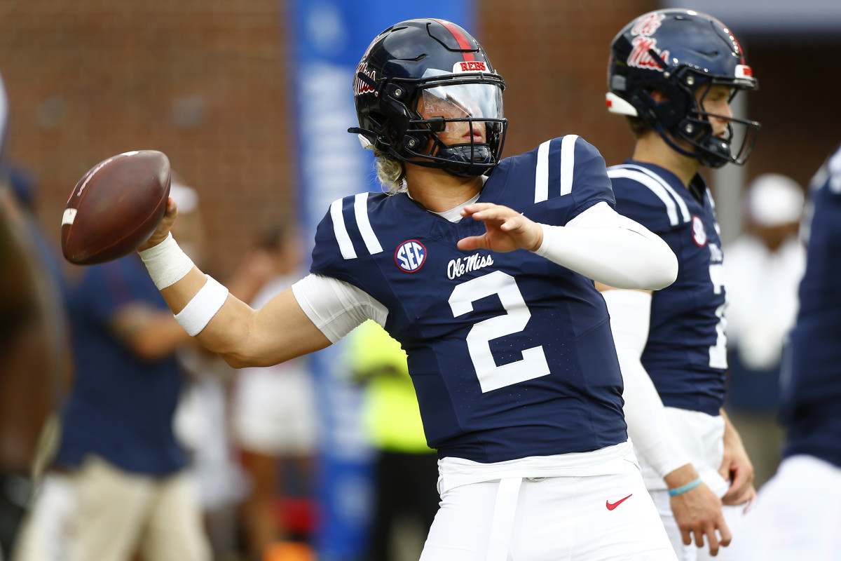 Aug 31, 2024; Oxford, Mississippi, USA; Mississippi Rebels quarterback Jaxson Dart (2) passes the ball during warm ups prior to the game against the Furman Paladins at Vaught-Hemingway Stadium. Mandatory Credit: Petre Thomas-Imagn Images