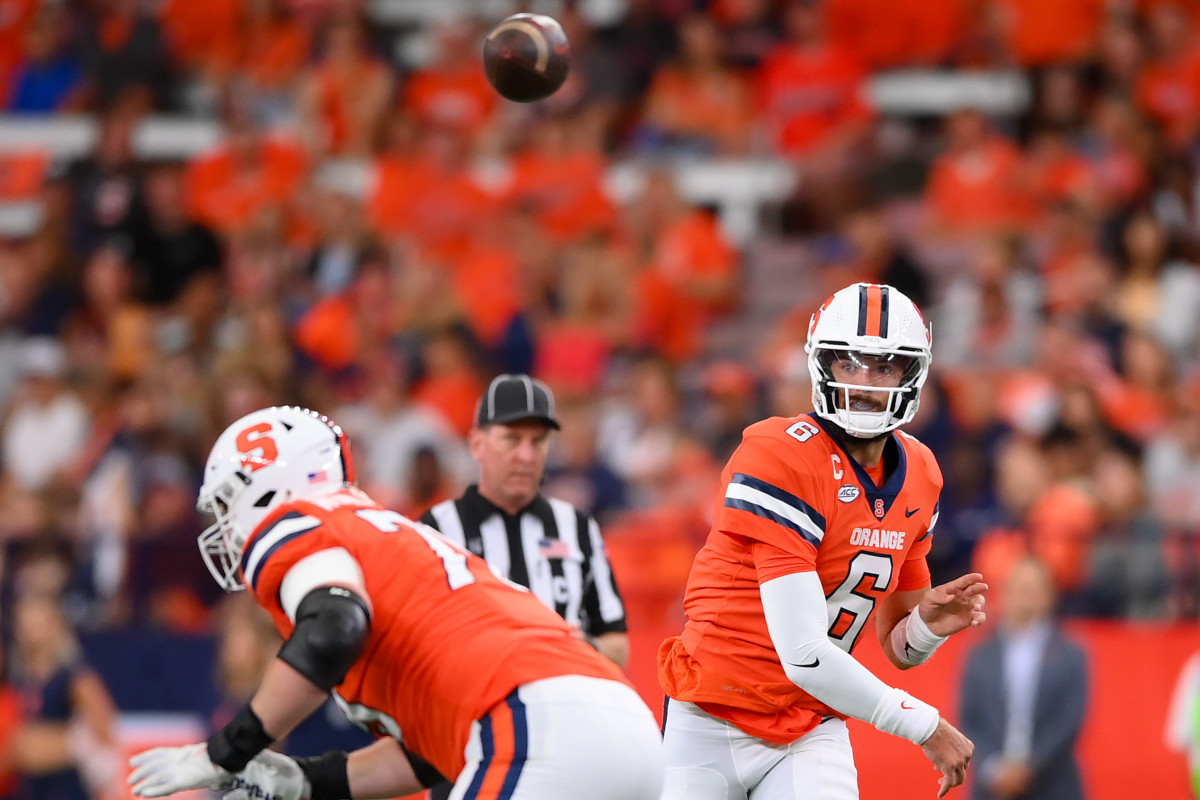 Sep 9, 2023; Syracuse, New York, USA; Syracuse Orange quarterback Garrett Schrader (6) passes the ball against the Western Michigan Broncos during the first half at the JMA Wireless Dome. Mandatory Credit: Rich Barnes-USA TODAY Sports