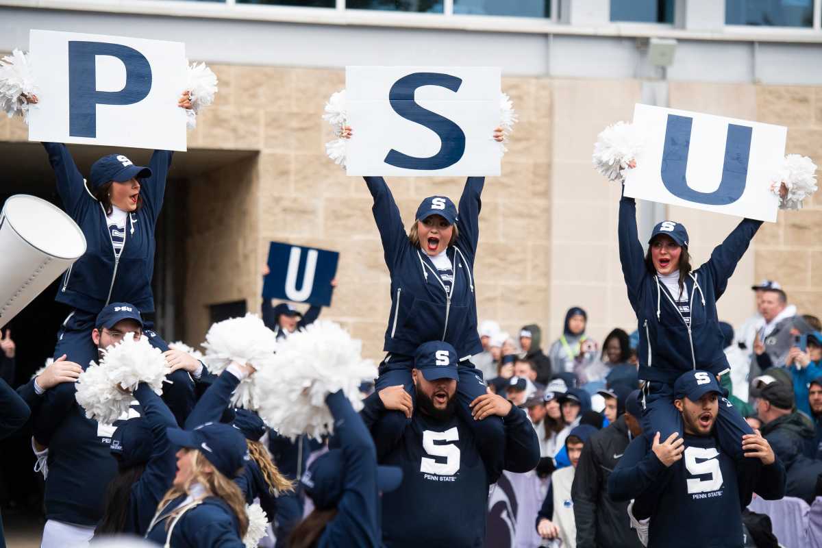 Penn State cheerleaders pump up the crowd outside Beaver Stadium before the start of a NCAA football game against Massachusetts Saturday, Oct. 14, 2023, in State College, Pa. © Dan Rainville / USA TODAY NETWORK