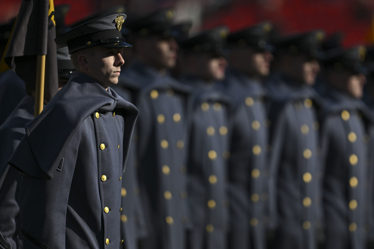 Dec 14, 2024; Landover, Maryland, USA; Army Black Knights cadets stand in formation before the playing of the 125 Army Navy game at Commanders Field. Mandatory Credit: Tommy Gilligan-Imagn Images